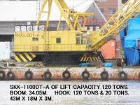 NON-PROPELLED FLOATING CRANE BARGE 43M X 18M X 3M WITH SKK-1100DT-A CRANE OF LIFT CAPACITY 120 TONS.