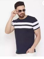 ASHWAY DESIGN Striped, Solid Men Round Neck Navy Blue T-Shirt -Men Round Neck Navy Blue T-Shirt Regular Fit Customize White With Black Printed.