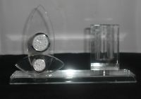 crystal office stationery, crystal glass pen hold, crysta glass clock