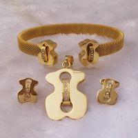 bear shape fashion gold-plated pendants&earrings&bangles stainless steel jewelry sets