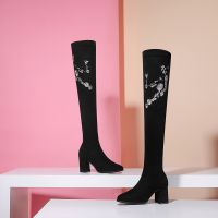 8755 Handmade embroidery women shoes knee high pointed flat lady long boots