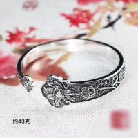 Hot Selling Sterling Pure Silver Jewelry S 990 Silver Bracelets Handmade Carving Lotus Flowers Bangles 43g