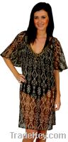 Sell Ladies Short Sleeve Brown Sheer Abstract Pattern Swim Cover Up