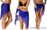 Sell Blue Beaded Tassels Sheer Sarong Swimsuit Wrap