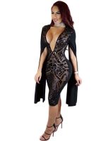 Sexy Packaged-Hip Charming Sequins Deep V-Neck Slim Split Personality Party Club Dress