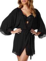 Women Sexy Deep V-neck Three Quarter Sleeve Sleepwear Lady Fashion Solid Waistband Gown W861237