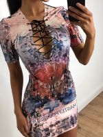 New Arrival Sexy Personality Cross Strap Deep V-Neck Printing Short Sleeve Slim Party Dress W880650