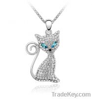 Authentic Austrian blue crystal gold plated lovely cat necklace