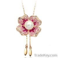 Authentic Austrian pink crystal 18k gold plated flower pearl necklace