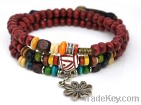 Red wood bead flower charm handmade leather bracelet jewelry HW375