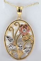 Gold Finish w Sterling Silver Oval Floral Pendant w/ Mother of pearl