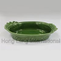 HL4177-Ceramic embossed green leaves oval bakeware/ kitchenware