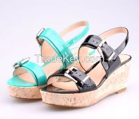 women chic sandals with wooden grain pu wrapped wedge