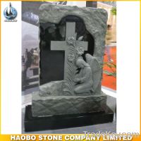 Sell granite monument in black granite with flower and angel carvings