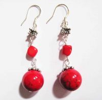 Red Coral and Bloodstone Beads Drop Earrings