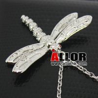 Stainless steel dragonfly necklace with red crystal setting