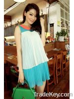 Sell Color Block Sleeveless Pleated Lapel Dress