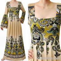 Sell Beige Ethnic Print Long Bell Sleeve Muslimah Abaya Maxi Dress