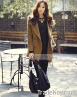 Lapel Collar Long Sleeve Cashmere Pockets Women Overcoat