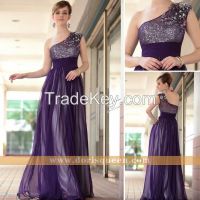 Left one shoulder transparent purple tulle brides dresses with sequins 30653