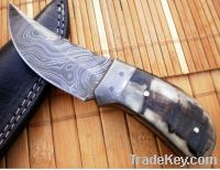 CUSTOM MADE"TRUE DAMASCUS SKINNER KNIFE"W/ RAM HORN & DAMASCUS BOLSTER