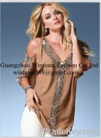 2014  Lady's chiffon top with bead off shoulder summer pullover blouse