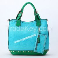 Shoulder Rivet Studded Handbag Stitching Bag With Coin Wallet