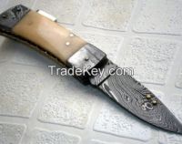 Damascus Folding Knife With Leather Sheath