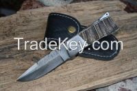 Damascus Folding knife With Leather Sheath