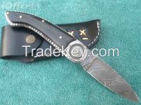 Damascus Folding Knife With Leather Sheath