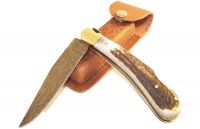 Damascus  Folding knife with stag handle and leather sheath cover