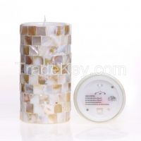simplux Moving Wick Square Shells Mosaic Flameless LED Candle with Timer, 3 x 6", Beige