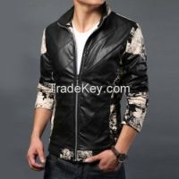 fashion men leather jacket men casual slim flower splicing PU jacket coat