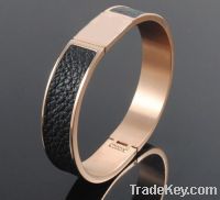 wide broad stainless steel black leather bangle