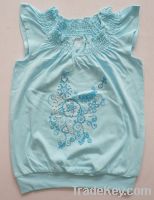 little girl wings sleeve smocking t shirt with flower embroidery