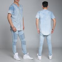 Baseball Style Longline Short Sleeve  Denim Washed T-shirt