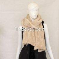 mink fur natural beige long knitted scarf