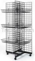 Metal Gridwall Fixture w/ Wheels & 12 Baskets, 4-Sided - Black