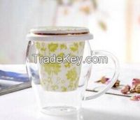 Heat resistant tea glass cup with ceramic cover&filter 350ml