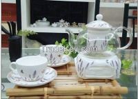800ml Pyrex glass teapot with 200ml ceramic cups&cover&filter&&saucers