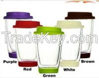 350ml borosilicate double wall glass cup with silicone base&cover