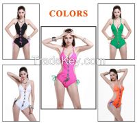 2015 Newest Design Women Deep V-Neck One Piece Swimwears Chest Opening Monokini 5 Colors Halter Bathing Suit Swimsuit For Women