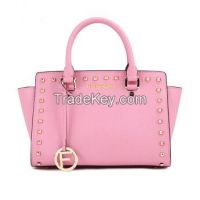 2014 Women Tote Handbags with studs , Women Leather Shoulder Bags , Women Genuine Leather Bag Pink color