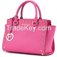 2014 women top handle studs bags , women leather top handle bags , women leather shoulder bags rose pink color