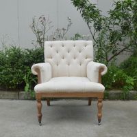 Rustic French Style Wooden Arm Chair White Tufted Fabric Living Room Chair