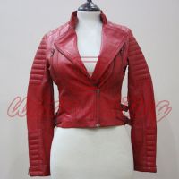 Women Red Semi Biker Leather Jacket USI-6035