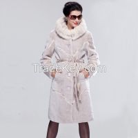 2015 HOT Mink Hair Piping Statehood Sheepskin Wool X-Long Women's Beige 100% Guaranteed Real Fur Coat Outerwear Clothing