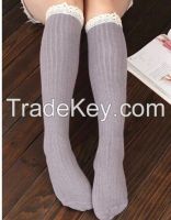 Women's long knitted stockings with cotton lace, made of cotton, various colors & OEM are available