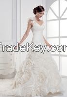 One shoulder long pleat wedding dress with flower court train