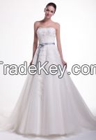 Elegant lace beaded applique chapel train A-line wedding dress